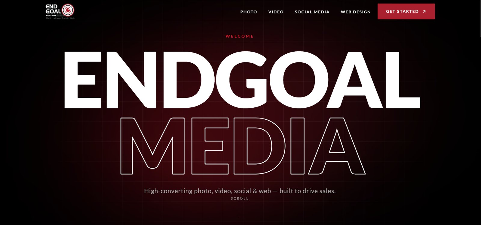 The End Goal Media home page, with the studio's name set in oversized bold type on a black background with red accents.